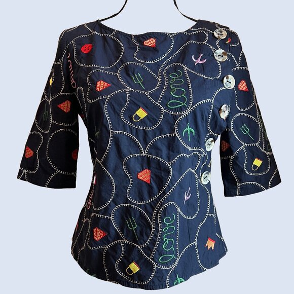 Marc Jacobs Navy Love Embroidered Blouse Size 4 - Picture 1 of 8